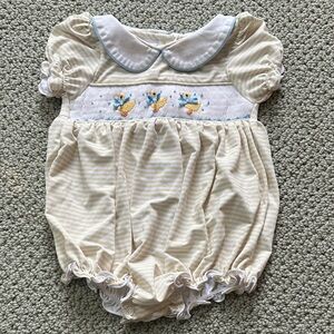 Smockingbird yellow stripe duck smocked romper